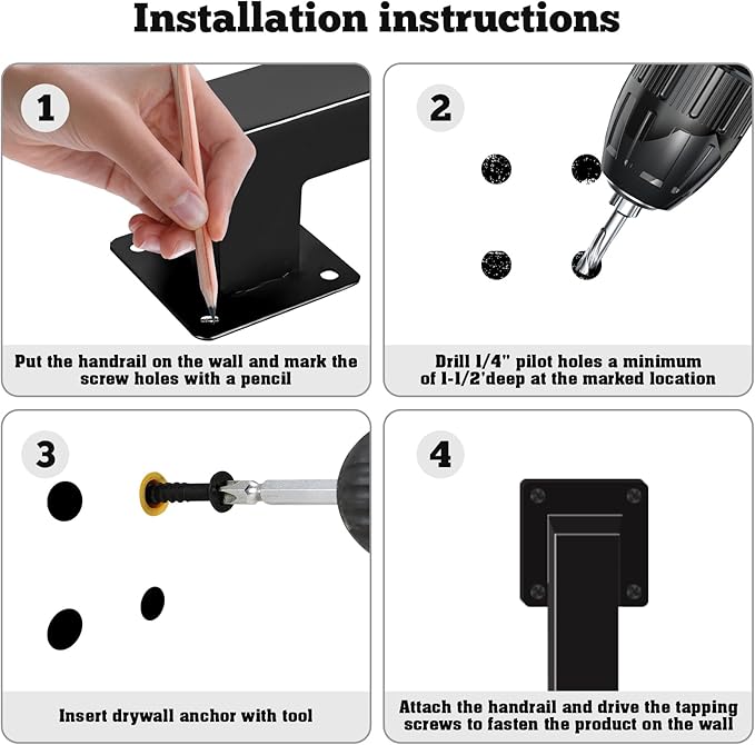 Stair Railing Indoor - Handrails for Stairs, 9ft Black Metal Staircase Hand Rails/Modern Wrought Iron Handrail, Industrial Wall Mounted Handrails Outdoor for Loft Porch Deck