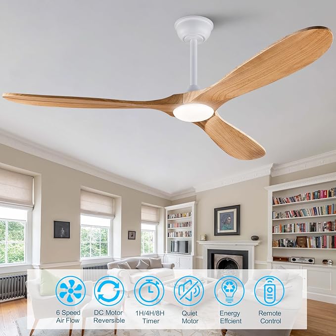 60'' Modern Ceiling Fans with Lights and Remote,3 Blade Wood Fan,6 Speed DC Motor Outdoor Indoor White Ceiling Fan for Patio,Living Room,Bedroom