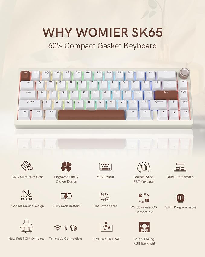 Womier SK65 Wireless Mechanical Gaming Keyboard with Knob, 60 Percent Aluminium Keyboard for PC, Bluetooth 5.0/2.4GHz/USB-C Wired, Hot Swappable Custom Lineaner Switch, RGB Backlit (Creamy White V2)