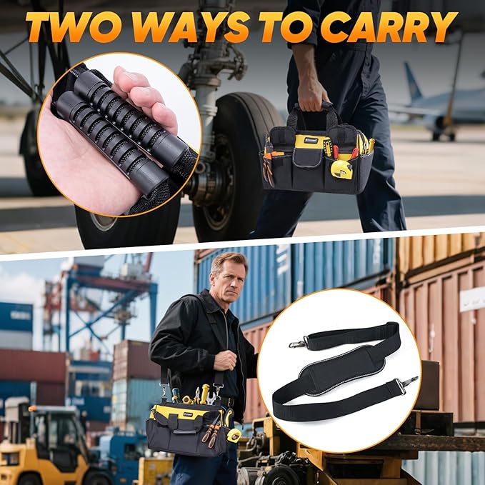 TICONN Heavy Duty Tool Bag with Multi-Pockets, Portable Tool Box Organizer Storage Bag, with Adjustable Shoulder Strap and Ergonomic Handle (Yellow, 14" Standard Base)