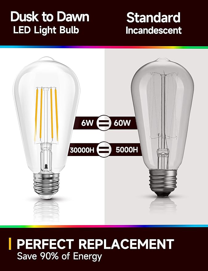 Dusk to Dawn Light Bulbs, Outdoor Light Bulbs, ST64 6W Equivalent 60W, 2700K Soft White, 600LM LED Outdoor Lighting, E26 Base, Photocell Sensor, Auto On/Off Bulb for Porch Patio Garage, 4 Pack