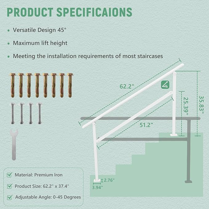 2 Pack Hand Rails for Outdoor Steps,4-5 Step Railing for Stairs,Adjustable Porch Railing,Hand Rails for Seniors,Outdoor Deck Handrails for Exterior Steps,White