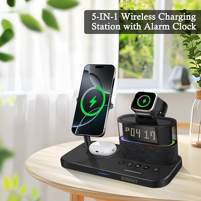 MONASAY Qi2 5 in 1 Wireless Charging Station, 23W Wireless Charger with Alarm Clock for Multiple Devices, Magnetic Charger Stand for iPhone 16/15/14/13/12 Series and AirPods, Apple Watch Series, Black