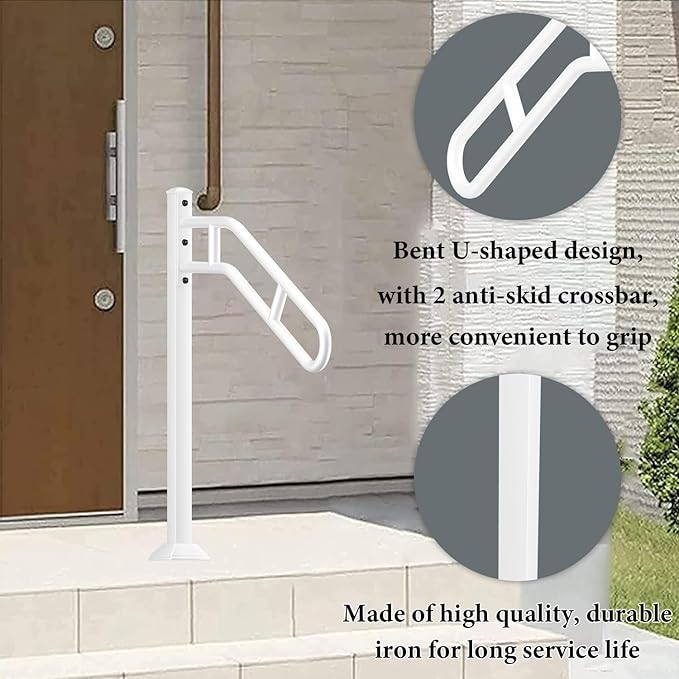 Upgraded Single Post Handrail, White Bent Wrought Iron Handrails for Outdoor 1-3 Steps, Metal Freestanding Porch Railing, Floor Mounted Stair Rails with 2 Anti-Skid Crossbar for Garage, 32"L x 35.8" H