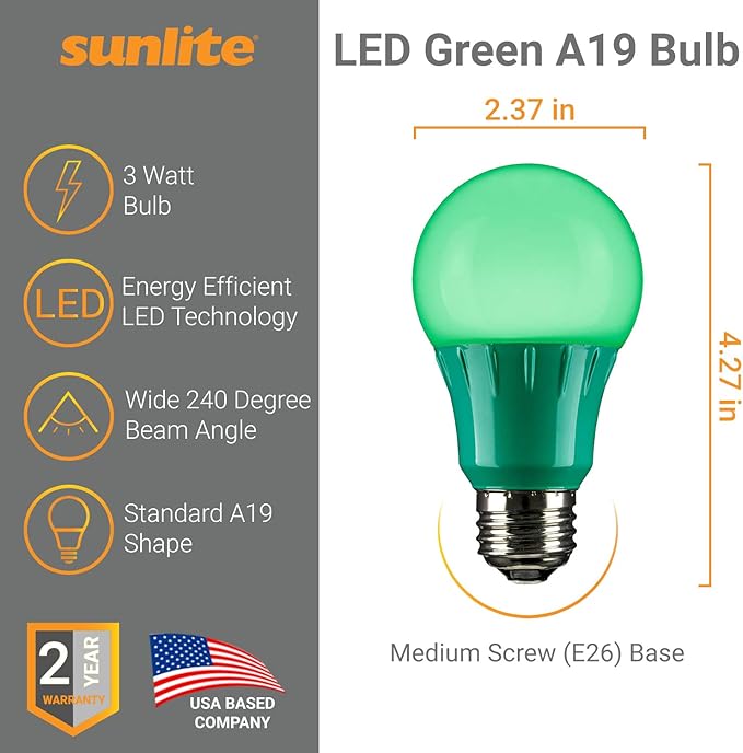 Sunlite 80146 LED A19 Colored Light Bulb, 3 Watts (25w Equivalent), E26 Medium Base, Non-Dimmable, UL Listed, Party Decoration, Holiday Lighting, 1 Count, Green