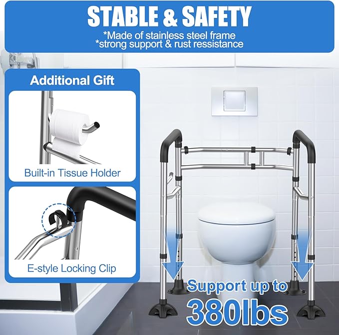 Toilet Safety Rails, Stainless Steel Adjustable Toilet Frame with Soft Handles&Tissue Holder, 380LBS Foldable Detachable Toilet Safety Frame for Elderly, Seniors, Handicap & Disabled