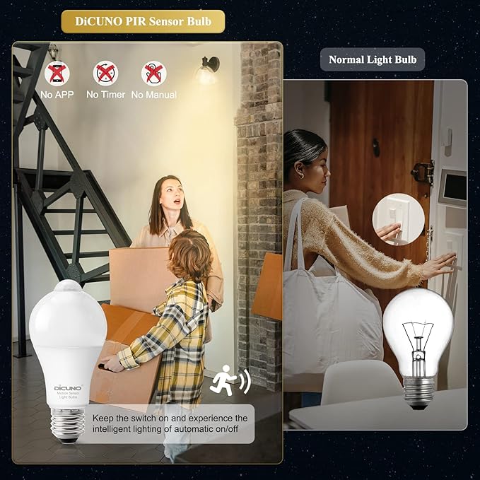 DiCUNO PIR Motion Sensor Light Bulbs, 12W (100W Equivalent) E26 LED Body Motion Sensor Infrared Bulb Auto on/Off, Outdoor/Indoor Light for Front Porch Garage, 1100LM 2700K Warm White, 2 Pack