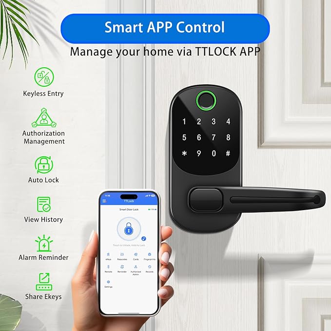 Smart Lock with Handle,Keyless Entry Door Lock,Digital Keypad Deadbolt with App Control, Fingerprint Unlock, PIN Code Unlock, Auto Locking,Smart Locks for Front Door/Exterior/Interior/Bedroom Doors