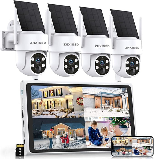 Solar Security Cameras Wireless Outdoor, 4MP FHD Battery Powered Home Security Camera System with 10" Monitor, 4-Cam kit, 360° View, Full Color Night Vision, Motion Detection, Work with Alexa