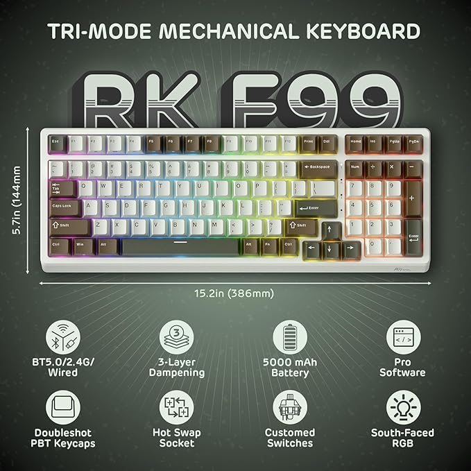 RK ROYAL KLUDGE F99 Wireless Mechanical Keyboard with Numper Pad, Tri-Mode Hot Swappable 95%100 Keys Gaming Keyboard Linear Creamy Switch, RGB Backlit Gaming Keyboard for PC/Tablet/Xbox/PS4/PS5