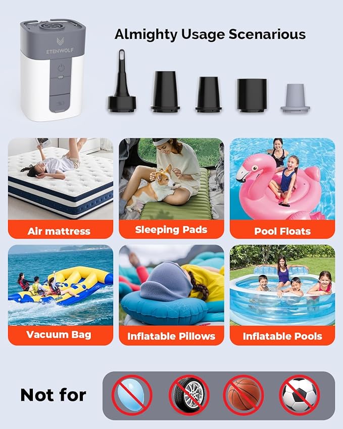 ETENWOLF AIR 5 Air Pump for Inflatables, Portable Electric Air Pump with 5200 mAh Battery, 4X Quick Inflator & Deflator, 4.5 kPa & 720 L/min Pump for Pool Floats, Vacuum Storage Bags