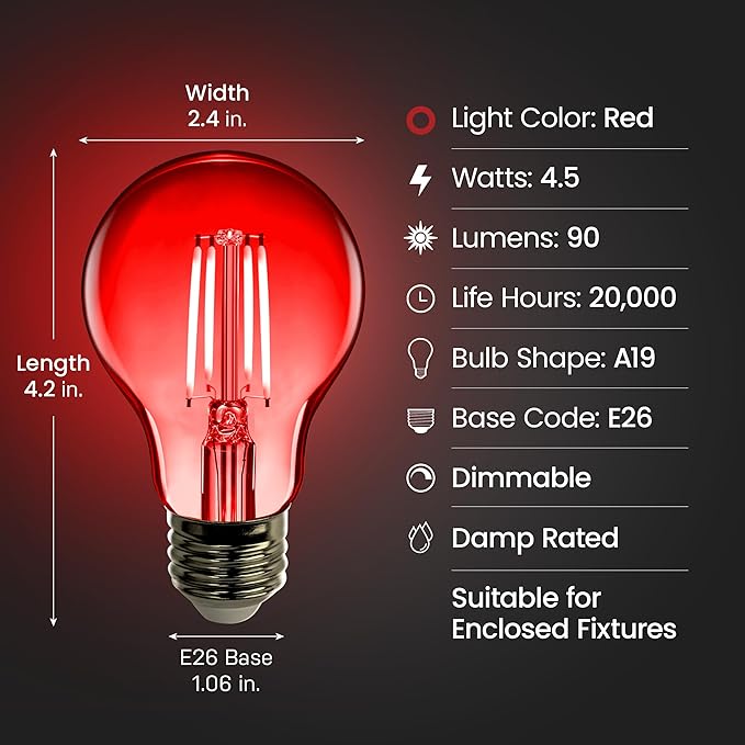 Feit Electric A19/TR/LED/6 25W Equivalent Dimmable Clear Glass Filament Colored LED Light Bulbs, Red, 6-Pack, 2.4" D x 4" H