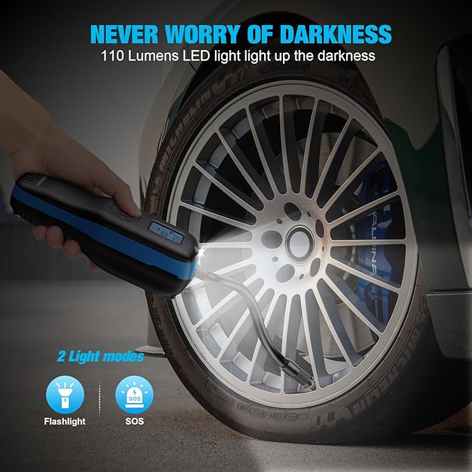 KEZERS Bicycle Tire Inflator, Portable 160PSI Air Pump,Cordless Air Compressor with Digital Pressure Gauge,Rechargeable Battery,Emergency Light,Tire Inflator for Car,Motorcycle,Bike,Ball