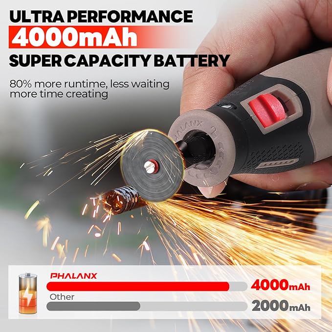 Rotary Tool Kit - 4V Power Rotary Tools, PHALANX Rotary Tool 80PCS Accessories 4000mAh Li-Ion Battery, 9 Speed Adjustment Multi-Purpose Engraver Tool for Wood Cutting Sanding Light-Duty DIY Crafting
