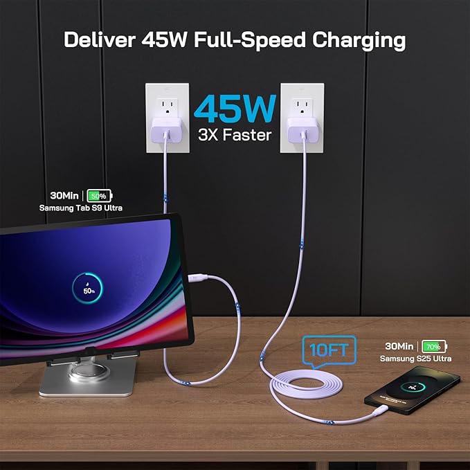 45W Super Fast Charger Type C, [2 Pack] 45 Watt USB-C Charger PD/PPS Wall Charging Block for Samsung Galaxy S25 Ultra/S24/S23 Ultra/S23+/S22 Ultra/S22+/S20 Ultra, Tab S8(Purple, with 2X 10ft Cable)