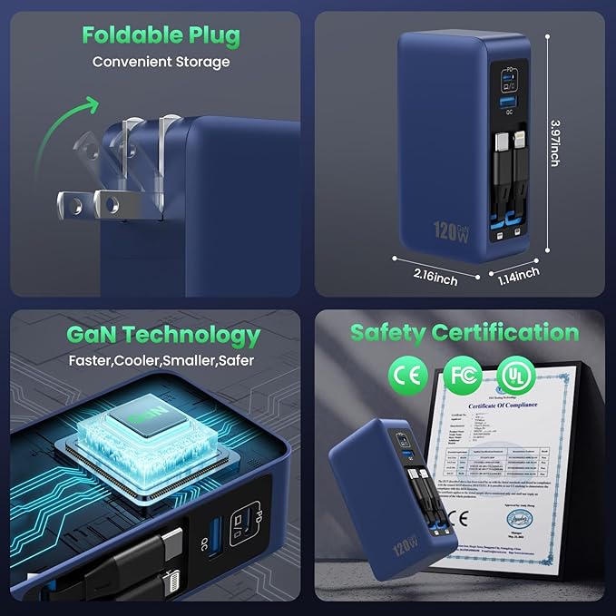 120W USB C Charger Block with 2 Built-in Retractable Cables,4-in-1 GaN IV Foldable Plug Wall Charger Fast Charging Station,PD 65W Laptop Adapter for MacBook/iPad,iPhone 16/15/14,Android (Dark Blue)