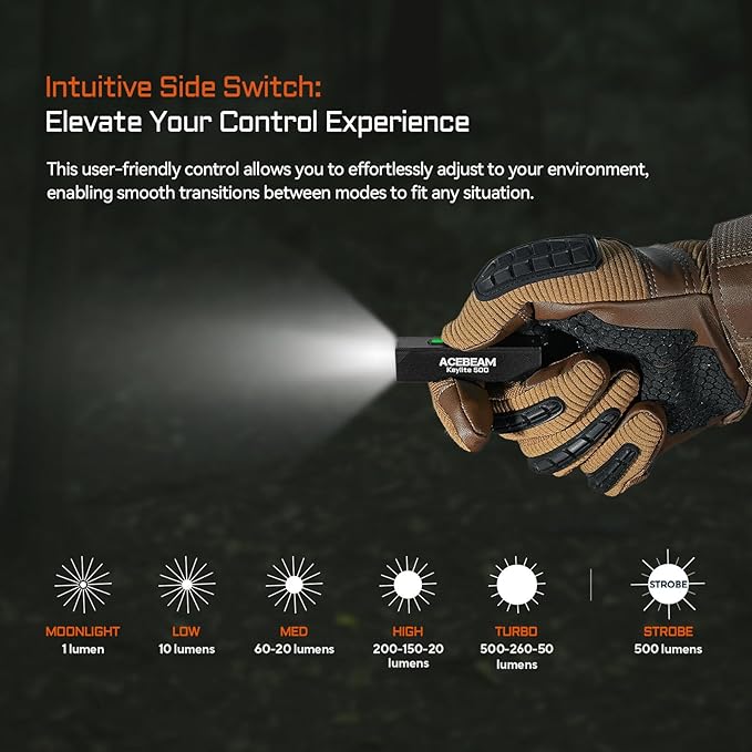 ACEBEAM Keylite 500 High Lumens Keychain Flashlight Rechargeable, Ultra-Compact Flat Pocket EDC Flashlight with Dual LEDs, 6 Modes, Type-C Charging, Small MINI Flash Light for Emergency, Home, Outdoor