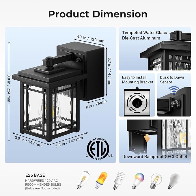 Porch Light with GFCI Outlet, Black Dusk to Dawn Outdoor Wall Light, Exterior Sconce Light Wall Mount, Waterproof Outdoor Garage Lighting Fixtures, Modern Outside Wall Lantern for House, Coach