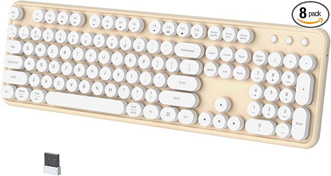 Colorful Wireless Bluetooth Keyboard, 2.4G & Dual Bluetooth Multi-Device, Typewriter Retro Round Keycaps 104 Keys Full-Size for PC Laptop Tablet Phone (White Milk-Tea)