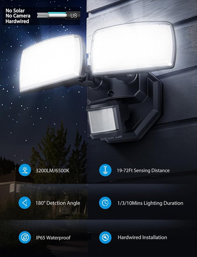 Onforu 32W 2 Head Motion Sensor Outdoor Lights, 3200LM 6500K Hardwired LED Security Light, Dusk to Dawn, Motion Detector Light for Outside, 2 Pack IP65 Waterproof Flood Lights for Garage, Yard(Black)