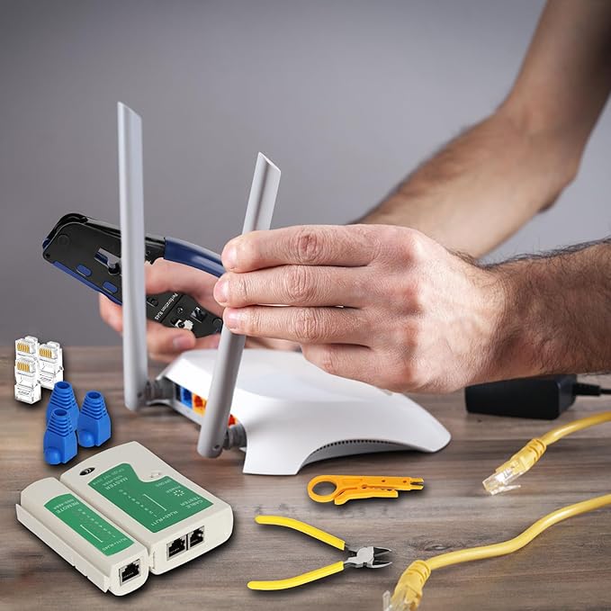 Pass Through RJ45 Crimp Tool Kit, Ethernet Crimping Tool Kit for Cat5/Cat5e/Cat6 with Cable Tester, 30PCS Connectors & Boots, Wire Crimper Stripper Cutter for Network Installation