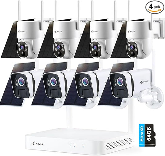 Kittyhok Home Solar Security Camera System Ourdoor | 4pcs 2K Bullet Solar Camera, 4pcs PT Solar Security Camera, Smart Human Detection, Spotlight, Forever Power, 10CH NVR, 64GB Local Storage