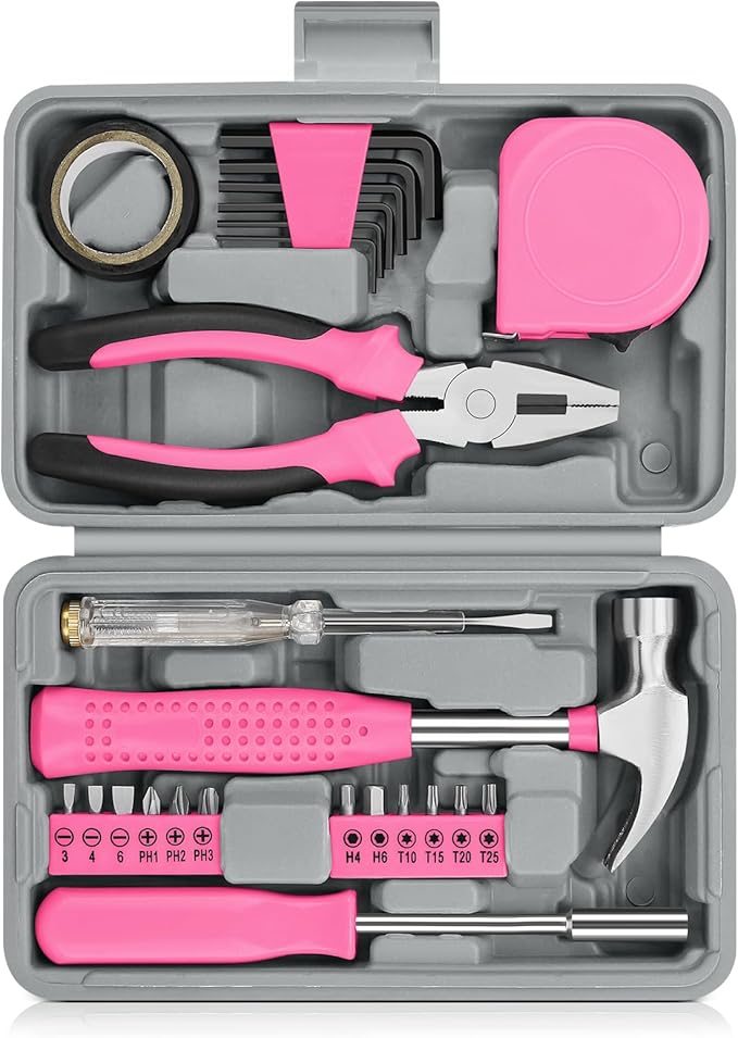 24 Piece Small Tool Kit for Men and Women, Mini Hand Tool Set with Storage Box for Home, DIY, Office, Garage(Pink)