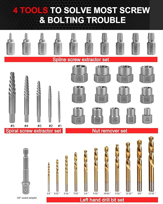 Kolvoii Screw Extractor Set & Bolt Extractor Kit, Left Hand Drill Bit Set, 39 Pcs Multi-Spline Bolt Remover Tools, for Removing Broken, Stripped Bolts, Screws, 35#CR-MO 6542/4341 HSS Steel Cobalt