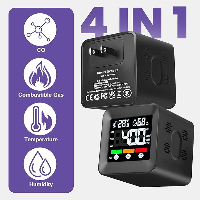 Plug-in 4-in-1 Gas & CO Detector with Temp/Humidity - Natural Gas, Propane & Methane Detector for Home, RV & Apartments (1, Black-Bleep Edition)