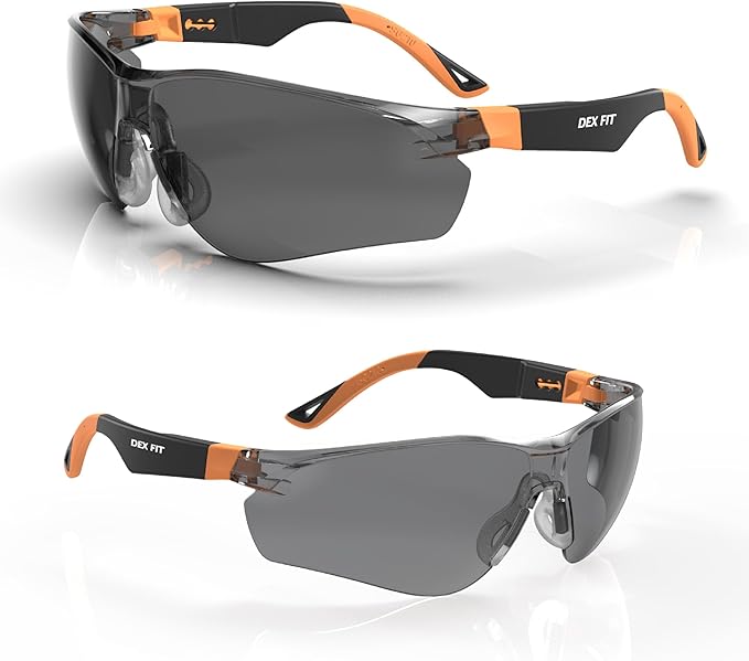 DEX FIT Safety Sunglasses SG210, Z87 Eye Protection, Anti-Fog & Scratch Resistant, Adjustable for Women and Men, UV Protection (Black & Orange Frame, Tinted Lens)