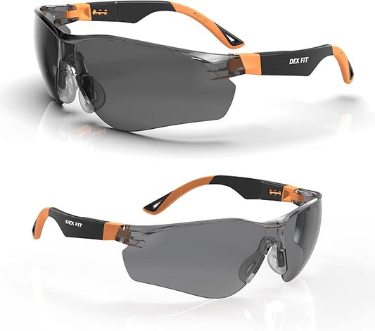 DEX FIT Safety Sunglasses SG210, Z87 Eye Protection, Anti-Fog & Scratch Resistant, Adjustable for Women and Men, UV Protection (Black & Orange Frame, Tinted Lens)