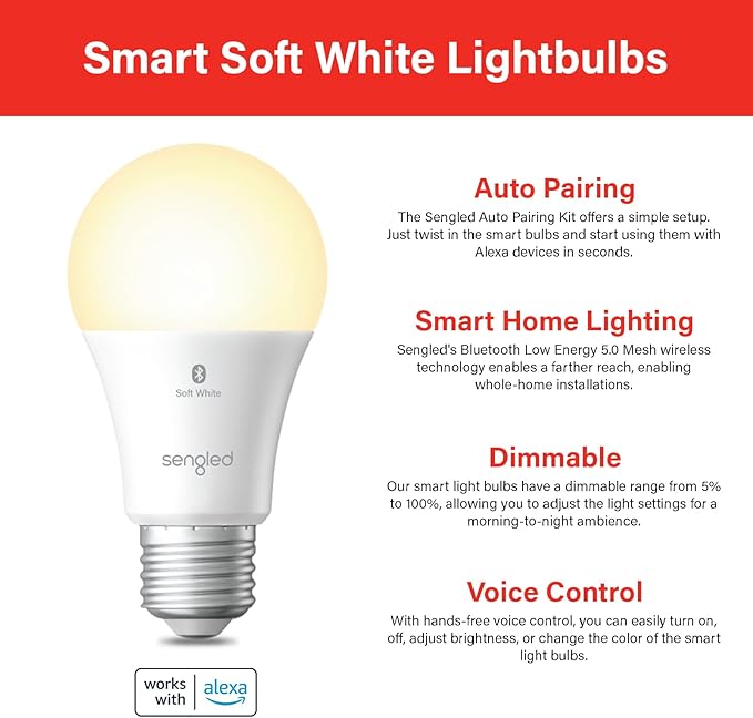 Sengled Alexa Light Bulb, S1 Auto Pairing with Alexa Devices, Warm Smart Light Bulbs, Bluetooth Mesh Smart Home Lighting, E26 60W Equivalent, 800LM, 1-Pack