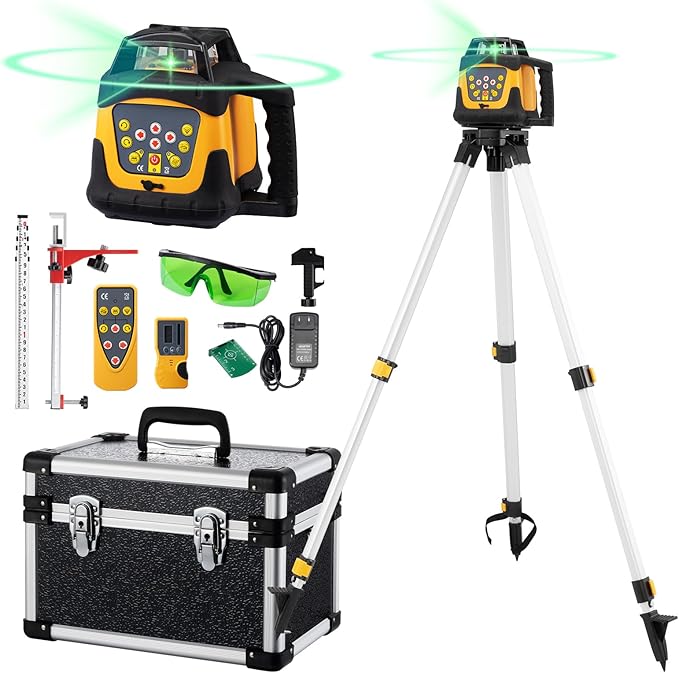 Self-Leveling Green Rotary Laser Level Kit, 2000’ Range, ±0.11"/100ft Accuracy, IP66 Waterproof & Dustproof, Includes Tripod, Grade Rod, Receiver, Detector Holder & Aluminum Carrying Case