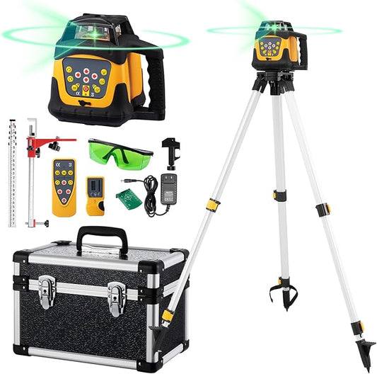 Self-Leveling Green Rotary Laser Level Kit, 2000’ Range, ±0.11"/100ft Accuracy, IP66 Waterproof & Dustproof, Includes Tripod, Grade Rod, Receiver, Detector Holder & Aluminum Carrying Case