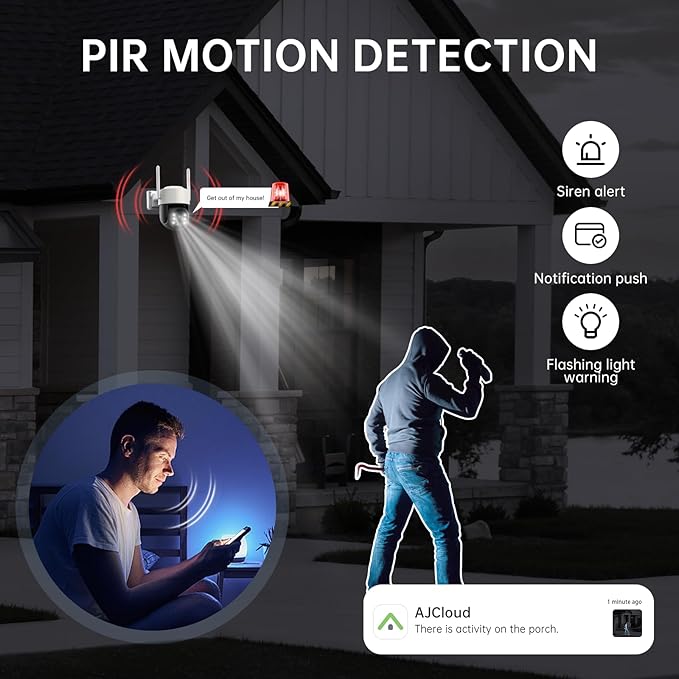 Solar Security Cameras Wireless Outdoor, 2K 360° View Battery Powered Outdoor Camera, Solar Outdoor Camera with PIR Motion Detection,Color Night Vision,2-Way Talk,IP65,Siren Alarm（2-Pack）