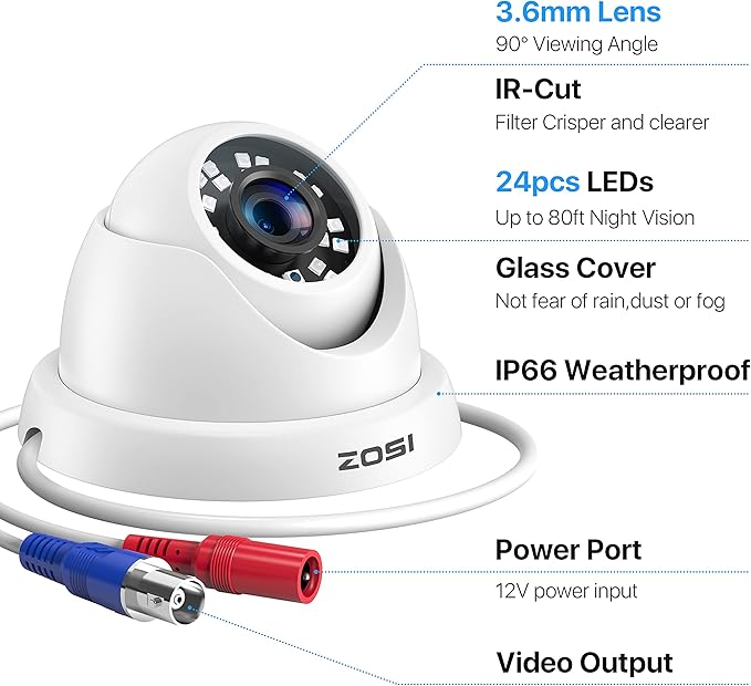 ZOSI 4 Pack 2MP 1080p HD-TVI Home Security Camera Outdoor Indoor 1920TVL, 24PCS LEDs, 80ft Night Vision, 90°View Angle, Weatherproof Surveillance CCTV Dome Camera