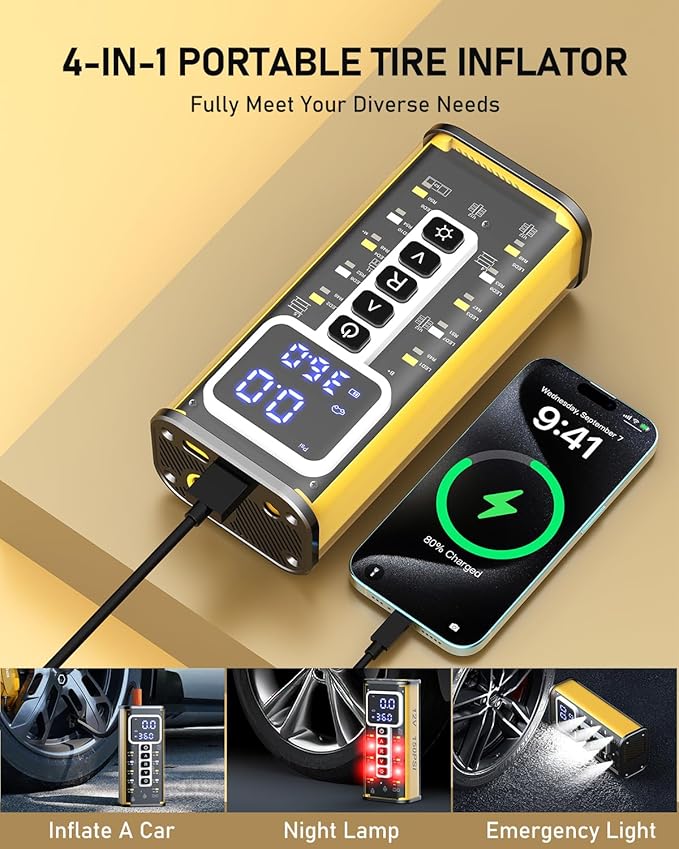 Tire Inflator Portable Air Compressor, 150PSI & 20000mAH Auto Air Compressor for Car Tires, Portable Tire Inflator for Car with Pressure Gauge, Pocket Tire Pump for Cars, Bike, Motorcycle, Ball