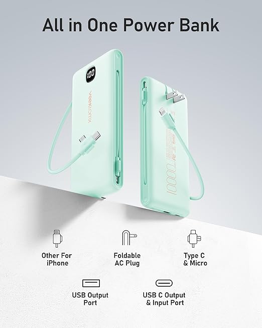 VEEKTOMX Portable Charger with Built in Cables 10000mAh, Power Bank for iPhone with Wall Plug, Travel Essential Fast Charging Slim USB C External Battery Pack for iPhone16/15/14, Samsung, iPad, etc