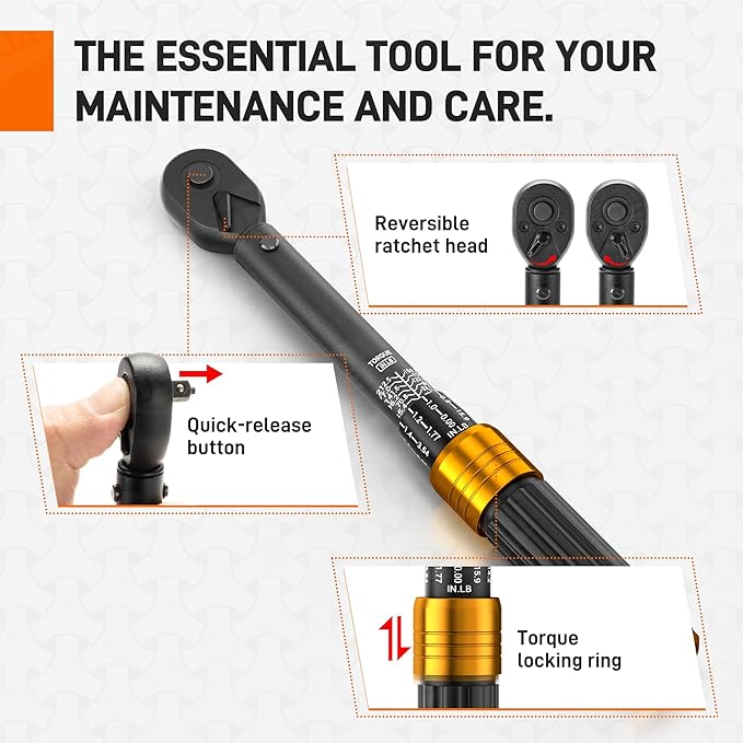 HENMI Bike Torque Wrench Set 1/4-inch Drive Click Torque Wrench Set, Dual-Direction Adjustable 72 Tooth Click Torque Wrench（2-24 Nm/17.7-212.5 in-lb ）