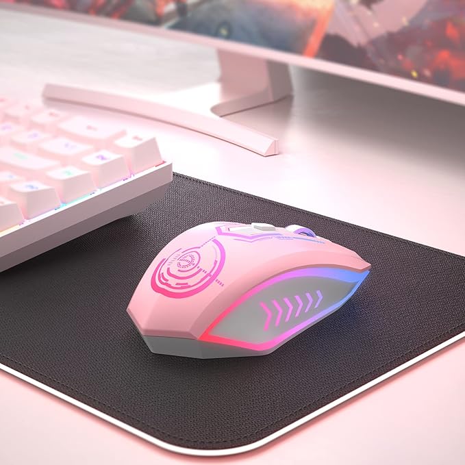 UHURU Gaming Mouse, Wireless Gaming Mouse with 6 Buttons 7 Changeable LED Color up to 10000 DPI, Rechargeable USB Gamer Mouse for PC Laptop (Pink)