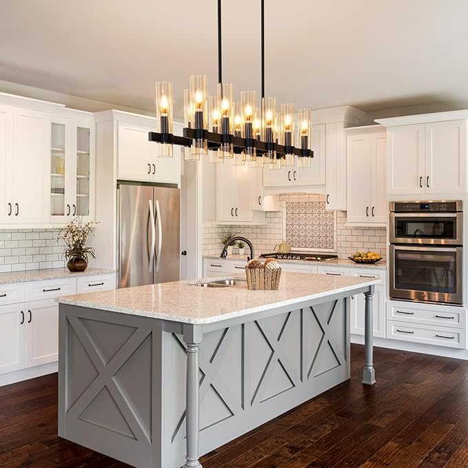 Modern Black Island Rectangle Chandelier with Amber Glass,48” Adjustable Height Modern Linear Light Fixture 12 Light Dining Room Chandelier Over Table for Dining Room Kithen Island