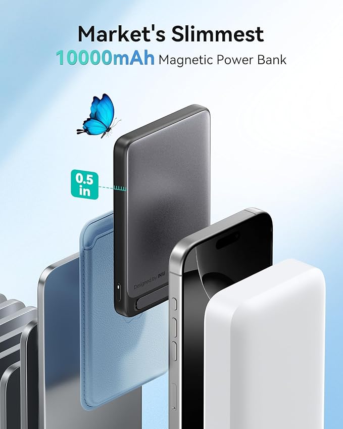 INIU Magnetic Portable Charger, Ultra Slim Qi2 Certified 10000mAh 45W Fast Charging Power Bank, Wireless Battery Pack with Foldable Stand, Phone Charger Only for iPhone 16/15/14/13/12 Series, Blue