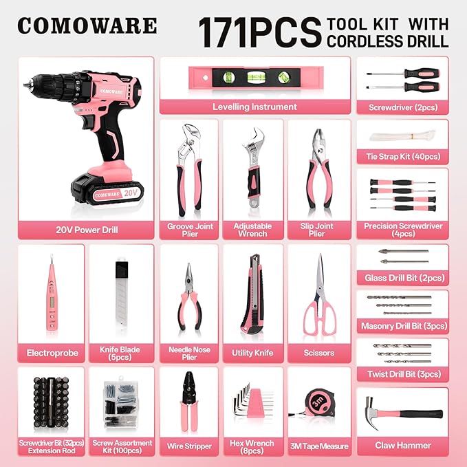 COMOWARE 171Pcs Pink Home Tool Kit with Drill, 20V Cordless Power Drill Combo Set, Complete Household Repair Tools for Men & Women in Garden, Office, DIY Projects
