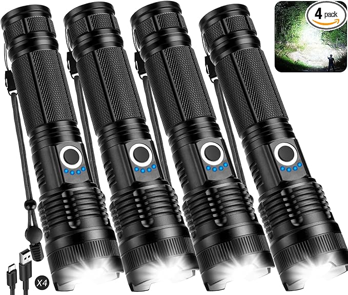 Flashlights Rechargeable LED High Lumens - 4 Pack 90,000LM Super Bright Flashlight, Adjustable Powerful Flash Light with 5 Modes, Waterproof Handheld Flashlight for Home, Camping (4)