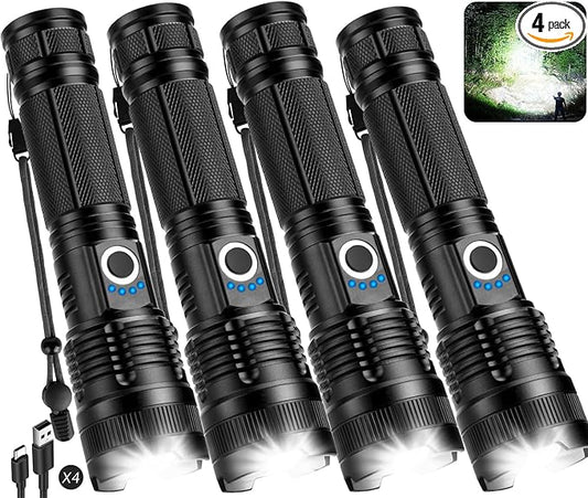 Flashlights Rechargeable LED High Lumens - 4 Pack 90,000LM Super Bright Flashlight, Adjustable Powerful Flash Light with 5 Modes, Waterproof Handheld Flashlight for Home, Camping (4)