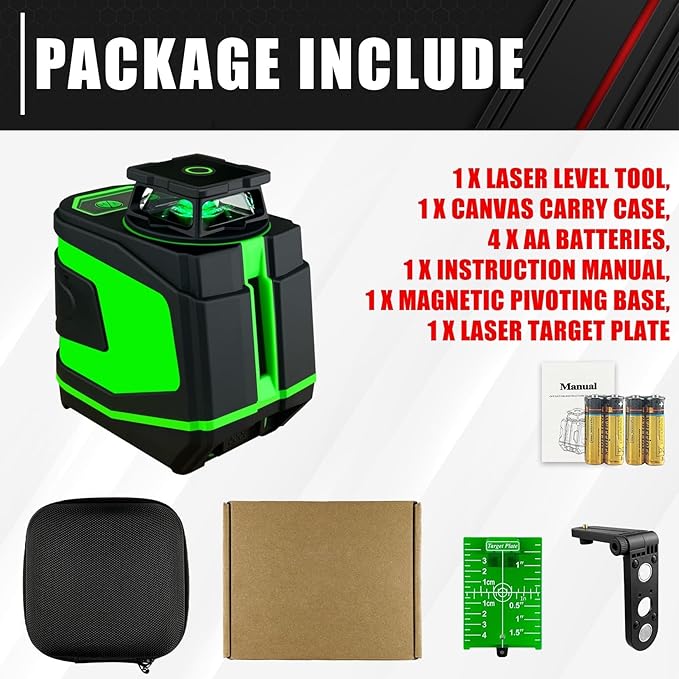5 Line Laser Level,100ft Self-Leveling Green Laser Level,Cross Line Laser,Vertical and horizontal lines,Rotates 360 Degrees,Include Magnetic Pivoting Base, Portable Bag, Laser Target Plate,Batteries