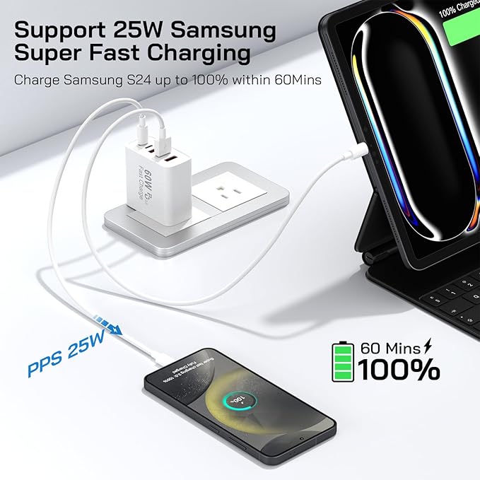 2Pack USB C Fast Charger Block, 60W 5-Port USB C Wall Charger with 6.6FT USBC to USBC Cord, 2USB C+3USB A PPS/PD 3.0 Multiport Charging Cube for iPhone 16 15 14 Pro Max,for Galaxy S25 S24 Ultra,i Pad