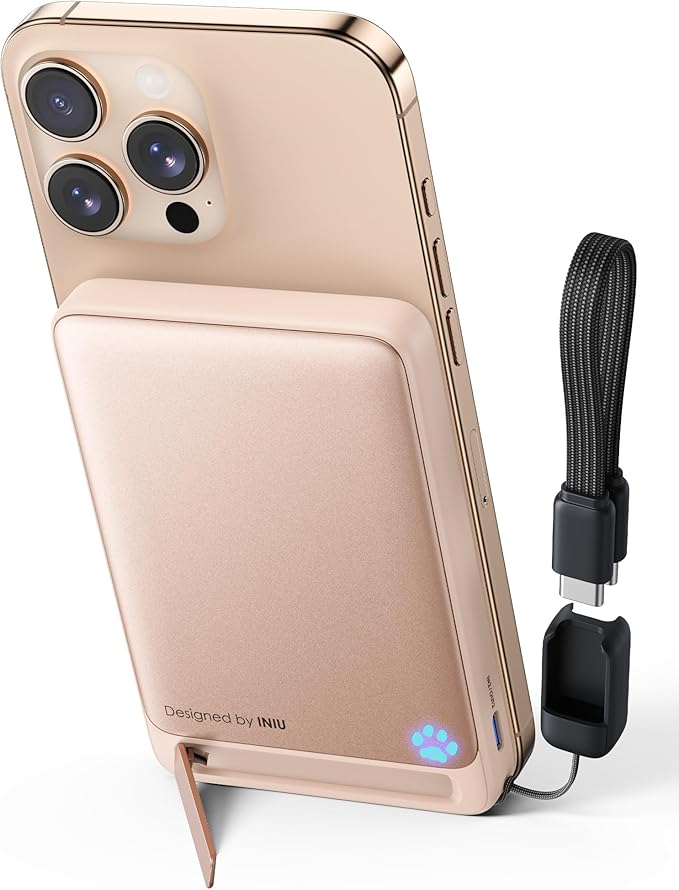 INIU for MagSafe Portable Charger, Qi2 Certified, Slimmest 45W 10000mAh Magnetic Power Bank, with USB C Cable & Stand, Fast Charging Battery Pack for iPhone 16 15 14 13 12 Only, Pink