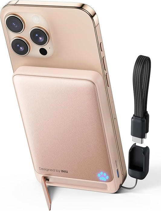 INIU for MagSafe Portable Charger, Qi2 Certified, Slimmest 45W 10000mAh Magnetic Power Bank, with USB C Cable & Stand, Fast Charging Battery Pack for iPhone 16 15 14 13 12 Only, Pink