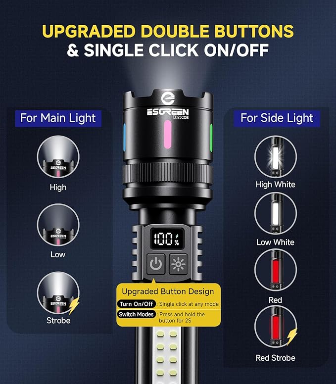 Esgreen 2 Pack Rechargeable Flashlights High Lumens 2000, Single Click Bright Flashlight Long Lasting 12H, Compact Handheld Strong LED Flash Light USB C, White & Red Light, for Hiking Camping Gift